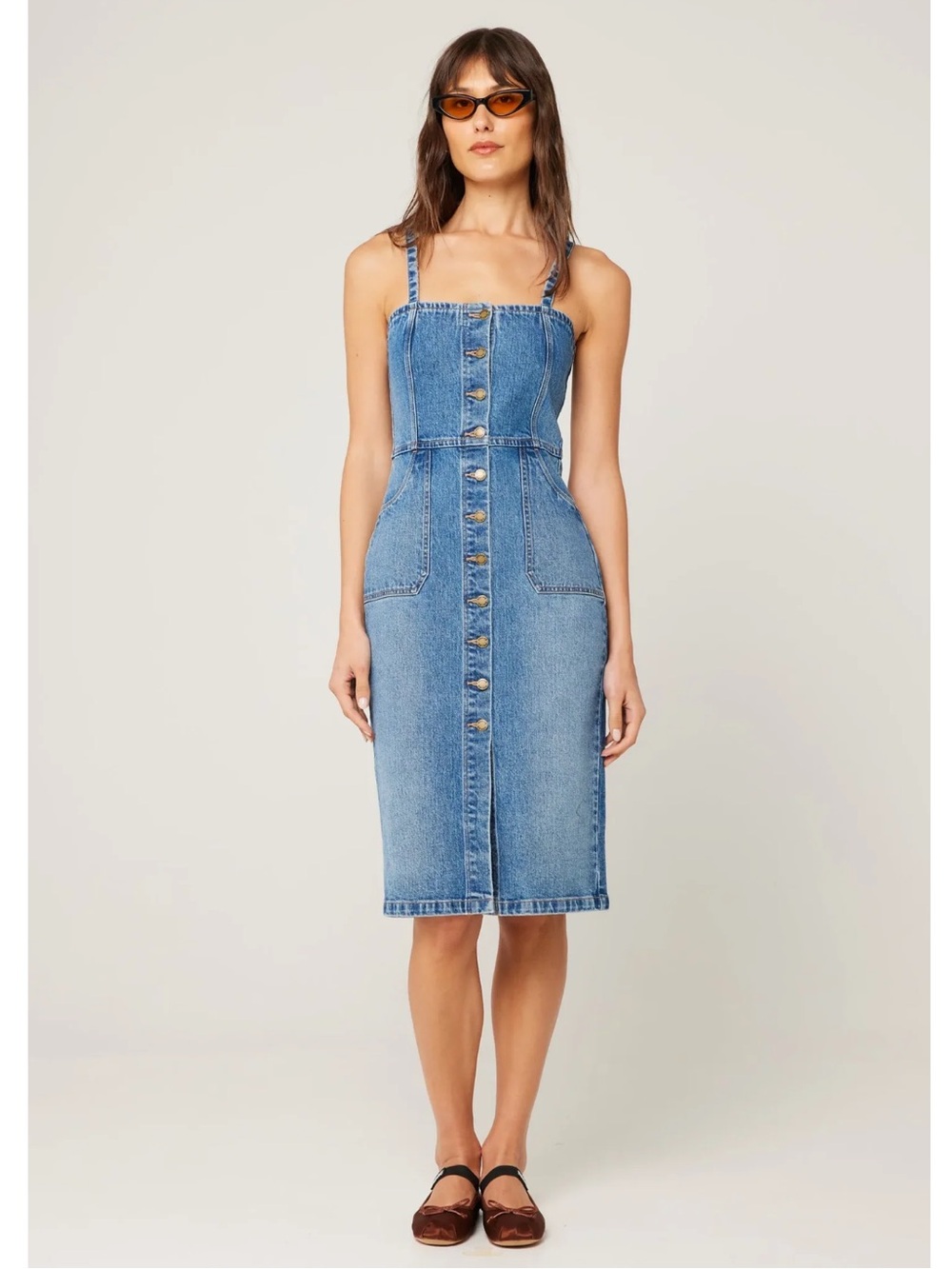 Rollas Denim Button-Front Midi Dress - Light Blue